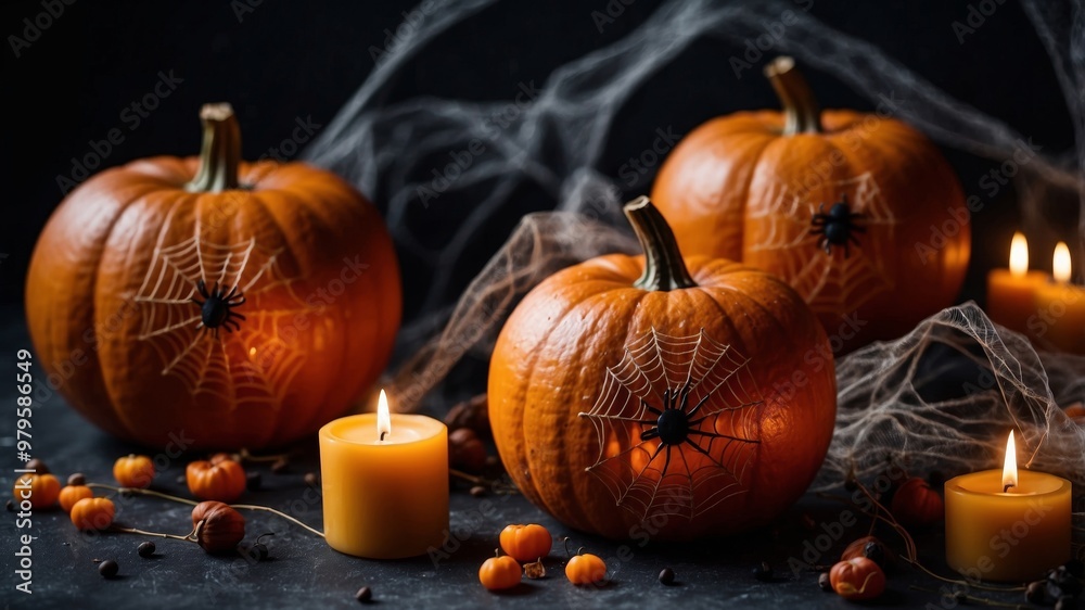 Halloween pumpkins and candles with spider web and candy Halloween pumpkins and candles with spider web and candy