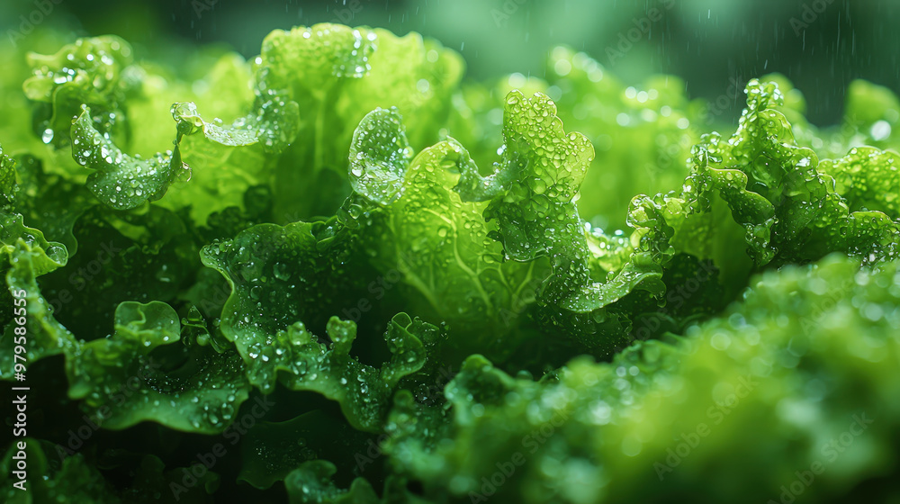 Fototapeta premium Fresh leafy greens with morning dew on leaves