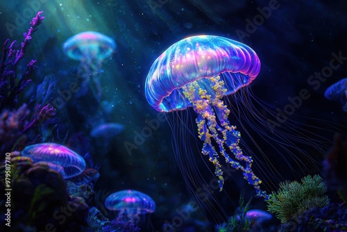 Glowing abstract jellyfish floating in underwater with plankton and corals. Surreal