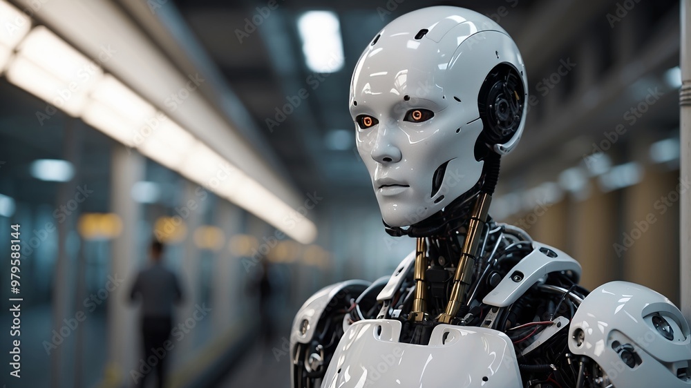 Humanoid robot in a modern industrial environment Humanoid robot in a modern industrial environment