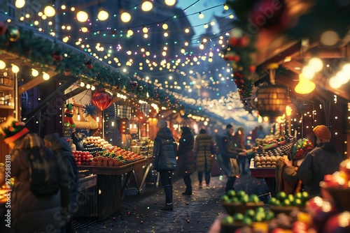 Joyful 3D render of a bustling holiday market with twinkling lights, colorful stalls, and people enjoying festive treats, created by ai