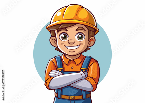 cartoon vector illustration of happy construction engineer young man smiling with folded arms, worker an builder, white isolated background