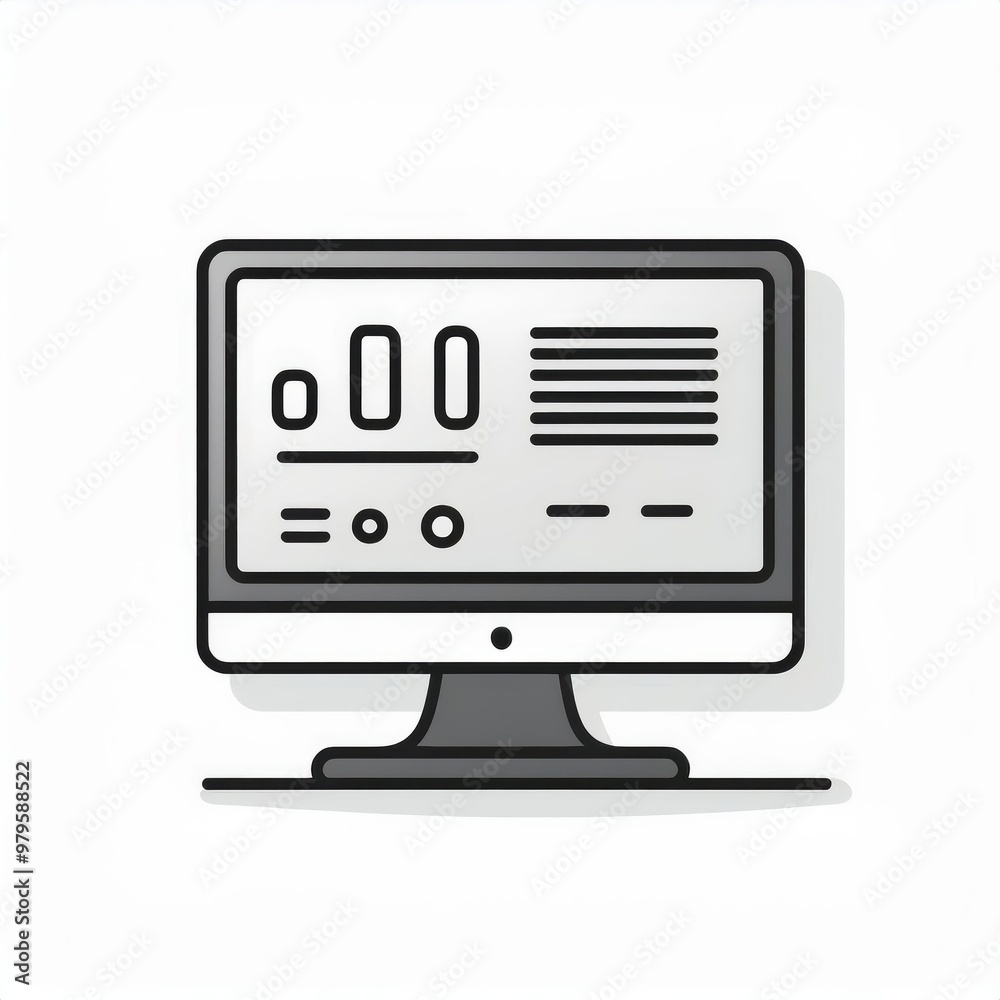 Minimalist Line Art of a Computer Screen Displaying Mountain Landscape with a Sun and Clouds. Modern Vector Illustration in Black and White for Technology and Nature Themes Png Logo