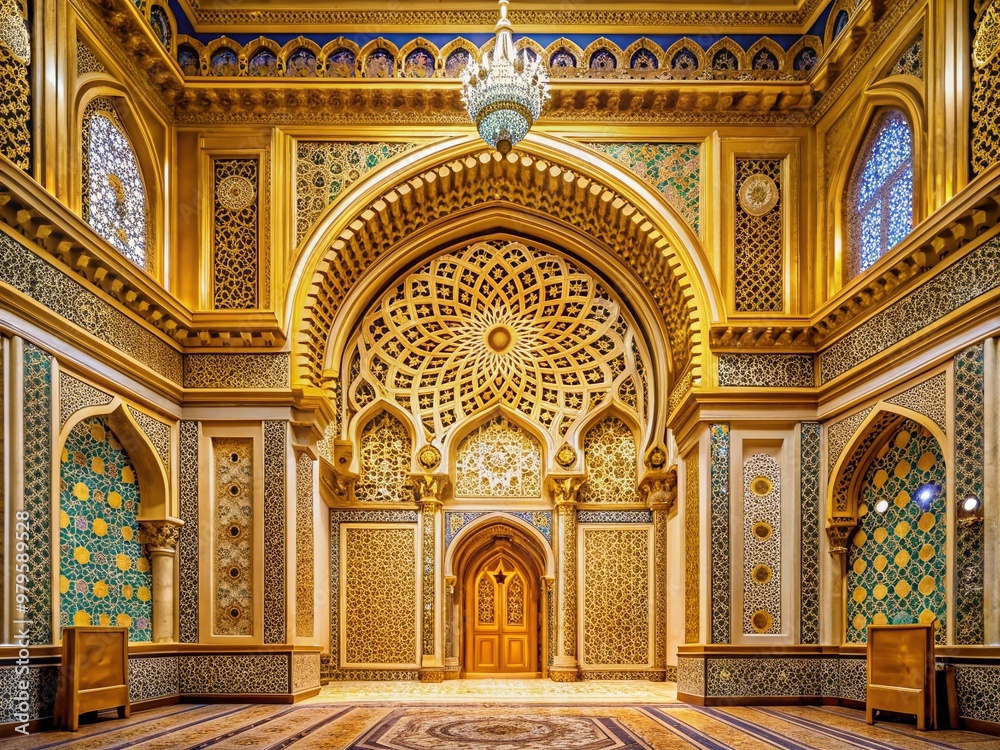 Intricately designed Arabic-style niche with golden mosaics, star and floral geometric patterns, and ornate columns adorns the grand interior of Qasr Al Watan Palace. Intricately designed Arabic-style niche with golden mosaics, star and floral geometric patterns, and ornate columns adorns the grand interior of Qasr Al Watan Palace.