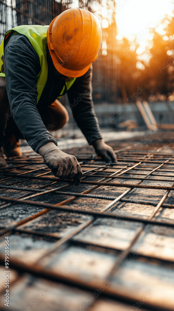 Construction Worker Working on Rebar at Sunset Construction Worker Working on Rebar at Sunset