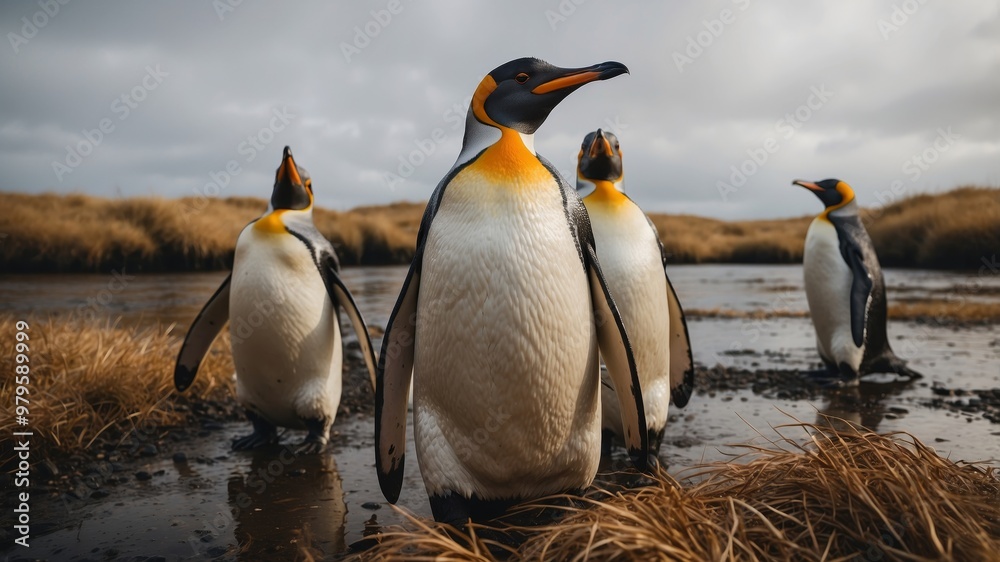 Fototapeta premium King penguins standing in a shallow stream