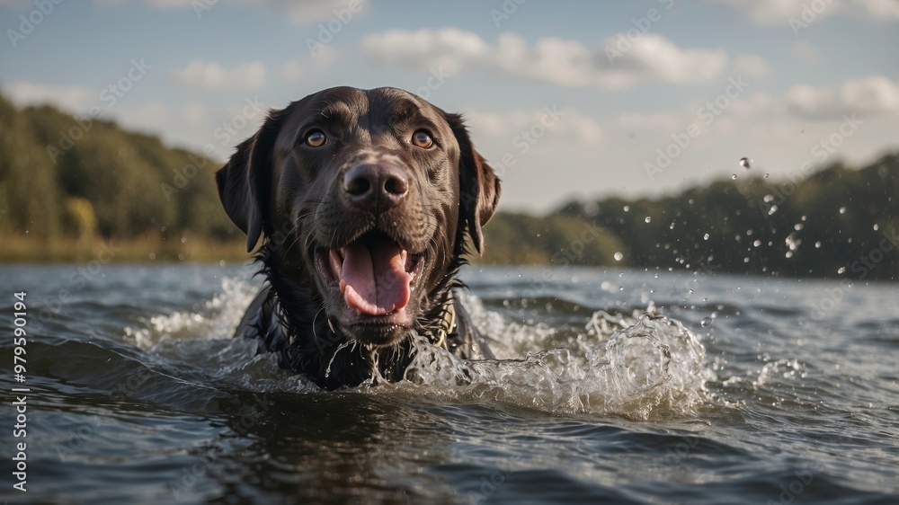 Labrador joyfully swimming and playing in the water Labrador joyfully swimming and playing in the water