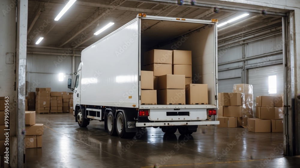 Large white delivery truck loaded with cardboard boxes