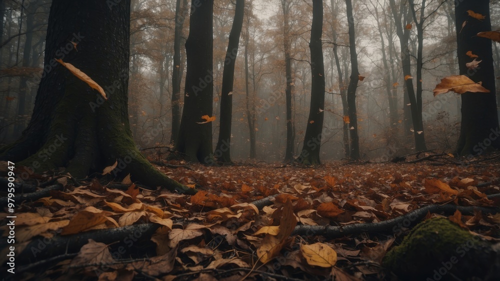 Leaves gently falling in a mysterious forest Leaves gently falling in a mysterious forest