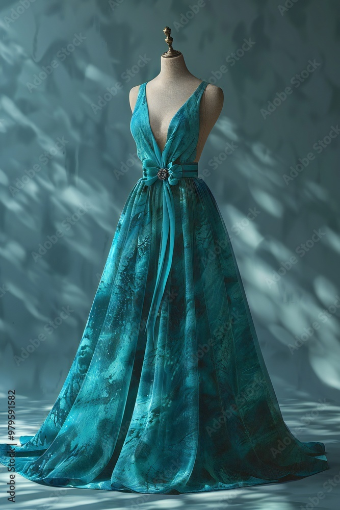 Luxe 3D render of a turquoise A-line dress on a mannequin , created by ai Luxe 3D render of a turquoise A-line dress on a mannequin , created by ai