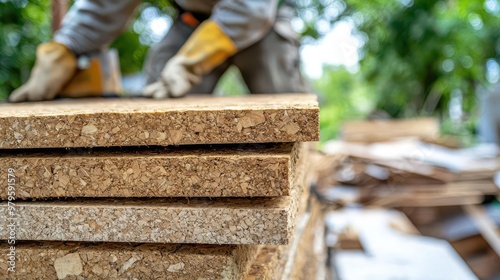 Roofing contractor installing non-toxic cork insulation on a sustainable house Green building materials are neatly stacked photo