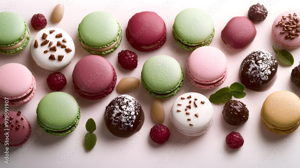 Obraz premium a poster of italian macarons and different toppings, editorial illustrations, 