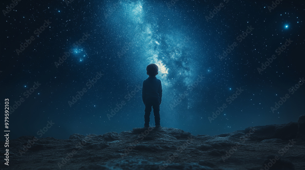 Child silhouette gazing at Milky Way galaxy on starry night Child silhouette gazing at Milky Way galaxy on starry night