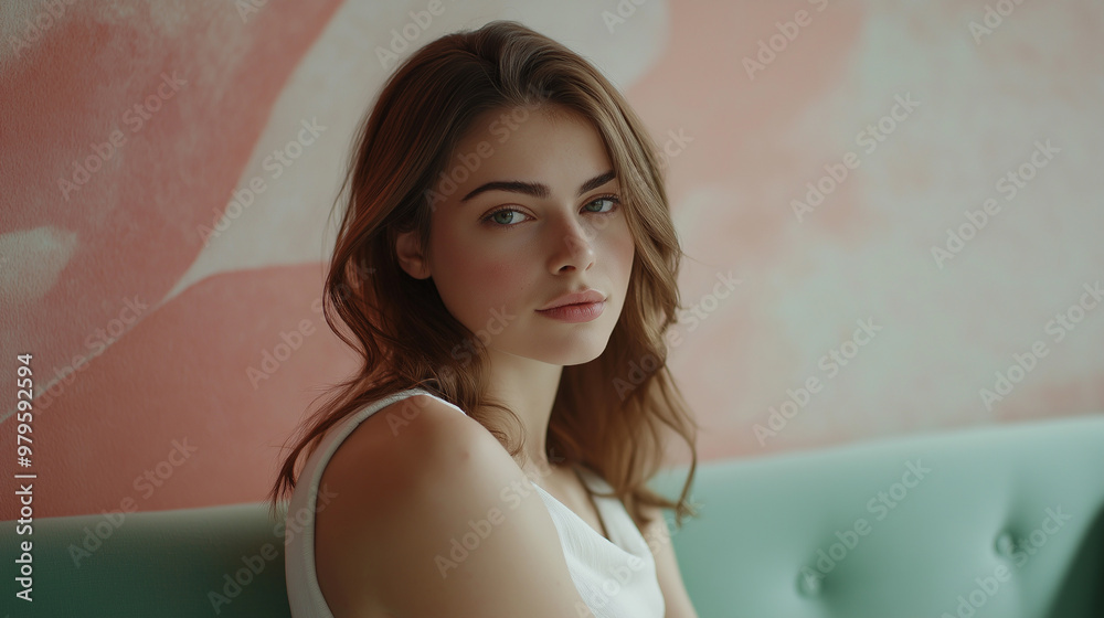 Attractive young woman with long brown hair posing indoors Attractive young woman with long brown hair posing indoors