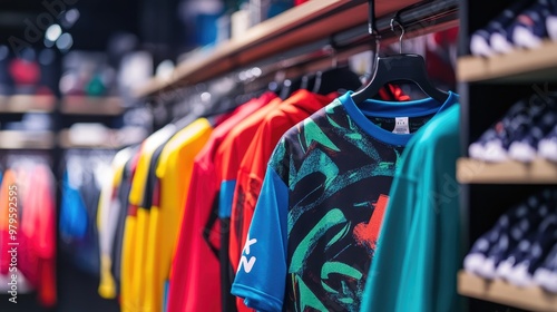 Athletic Wear Store Display with Colorful T-Shirts, Hoodies, and Shelves Full of Products