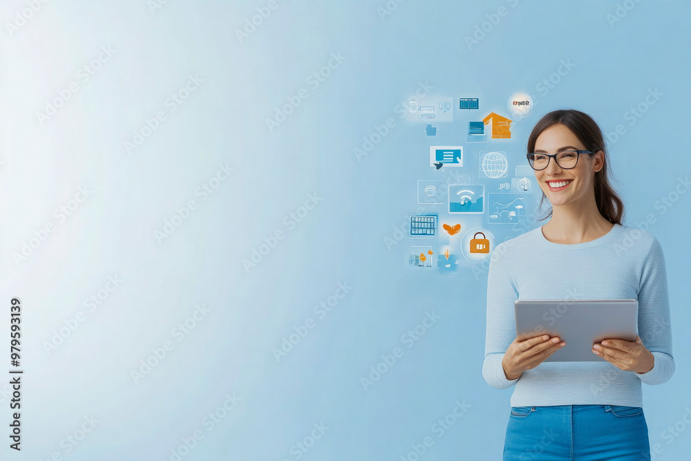 Woman with a tablet is being held up in front of a blue background with a lot of different Woman with a tablet is being held up in front of a blue background with a lot of different