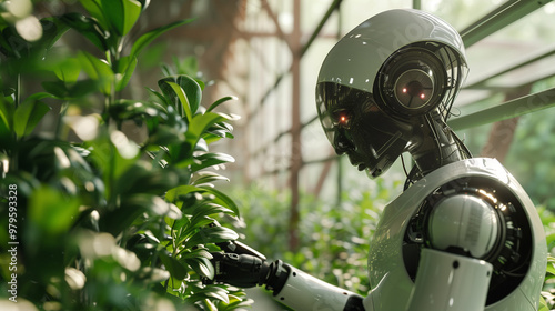 Humanoid robot examining plants in a futuristic greenhouse setting
