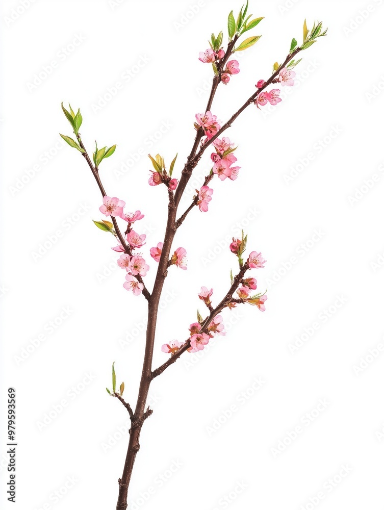 Thick branch with little orange or pink flower shoots isolated on white Thick branch with little orange or pink flower shoots isolated on white
