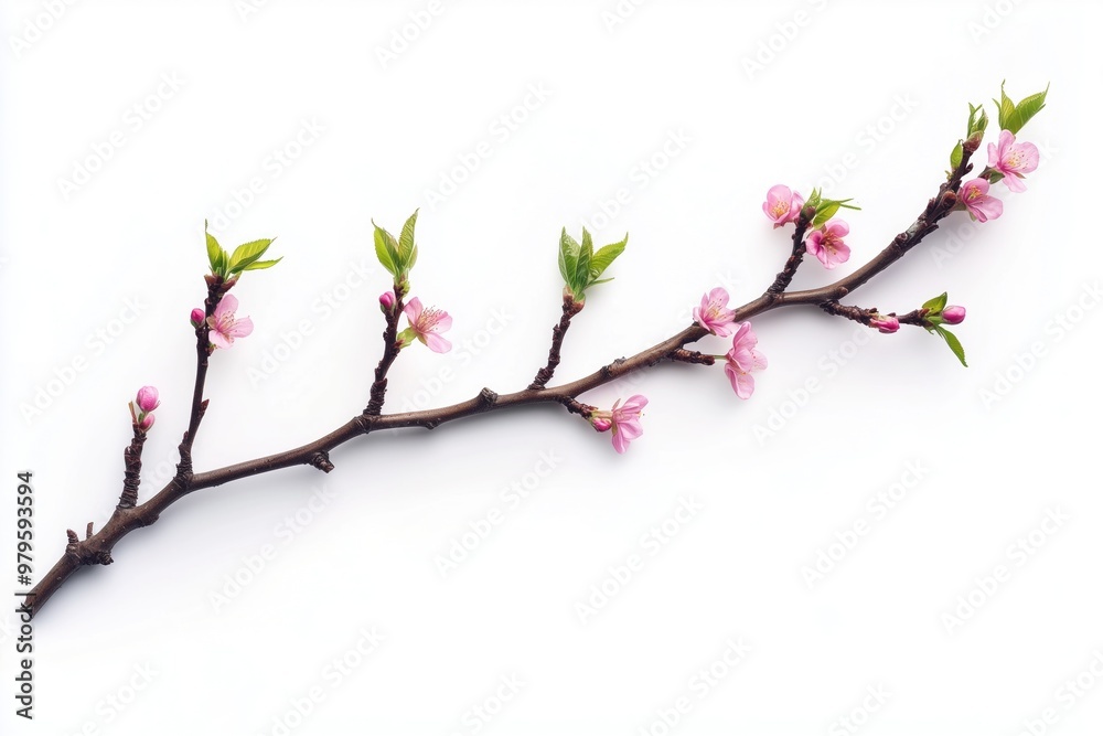 Thick branch with little orange or pink flower shoots isolated on white Thick branch with little orange or pink flower shoots isolated on white