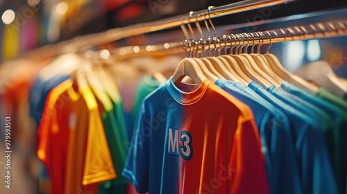 Athletic Wear Store Display with Colorful T-Shirts, Hoodies, and Shelves Full of Products