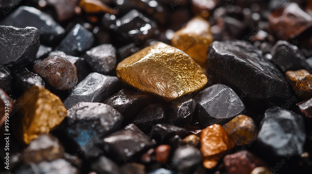 Gold nugget standing out amongst other rocks Gold nugget standing out amongst other rocks