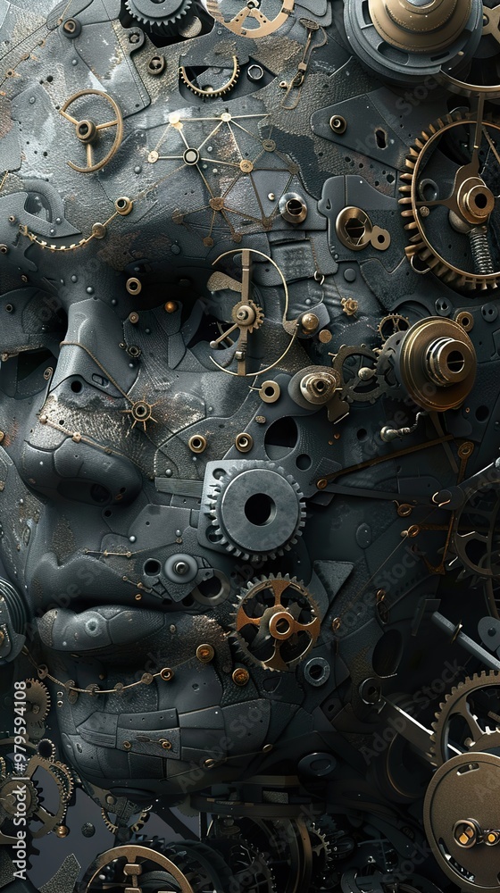 A human face is covered in gears and cogs, representing the mechanical nature of the mind. A human face is covered in gears and cogs, representing the mechanical nature of the mind.