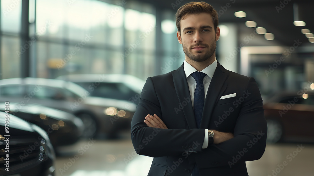 Car salesman posing with arms crossed in dealership showroom Car salesman posing with arms crossed in dealership showroom