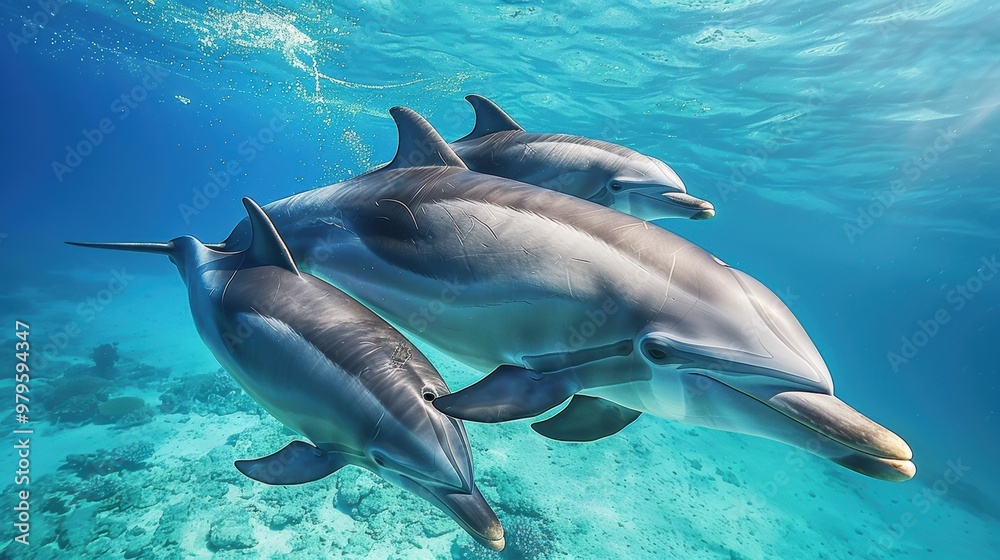Obraz premium Dolphins swimming gracefully underwater, their sleek bodies gliding through the clear blue ocean. The sunlight filtering through the water enhances the beauty of this aquatic scene.
