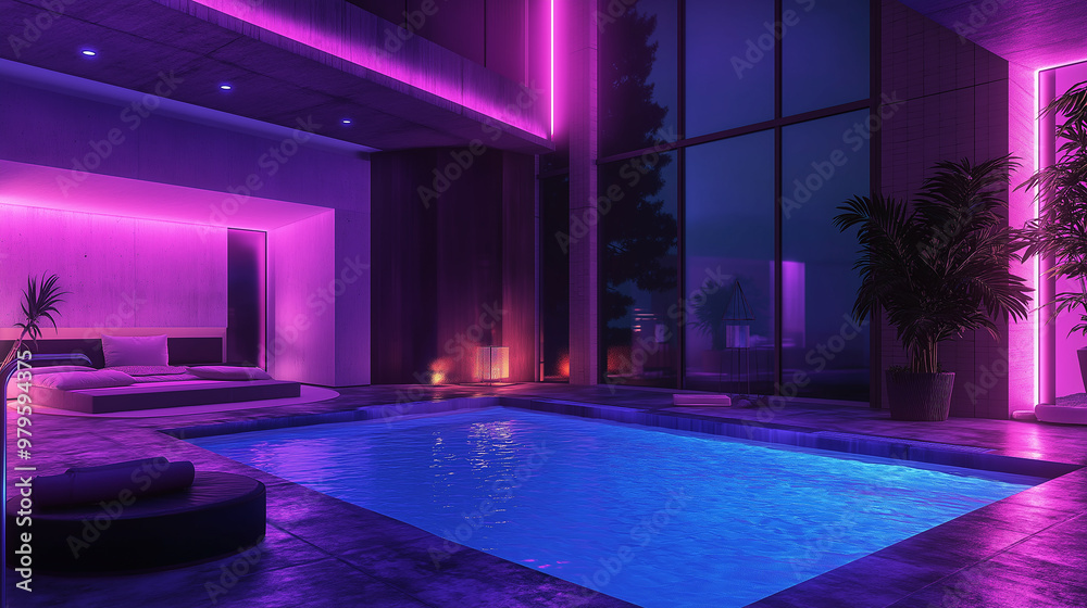 Modern minimalist bedroom featuring indoor swimming pool illuminated in purple and blue lights Modern minimalist bedroom featuring indoor swimming pool illuminated in purple and blue lights
