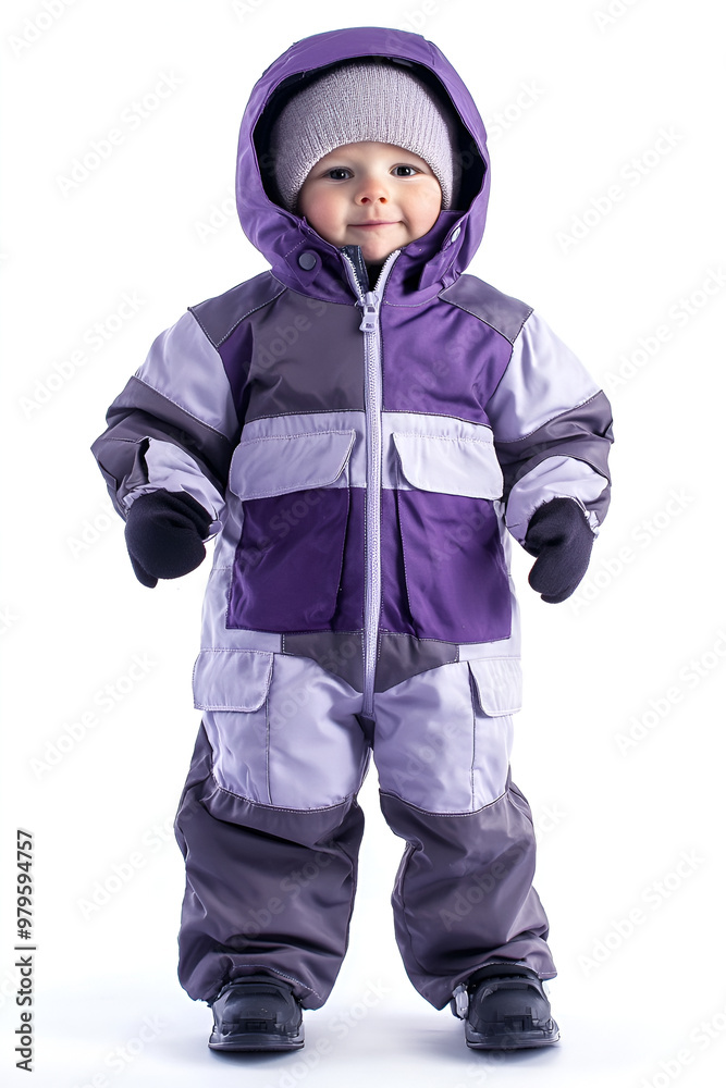 Cute toddler in a two-tone purple snowsuit with a hat and gloves, standing with a smile against a white background Cute toddler in a two-tone purple snowsuit with a hat and gloves, standing with a smile against a white background