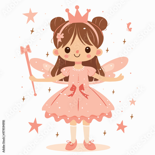 Tooth fairy in a caron and with a magic platter. The tooth fairy holds a cheerful tooth in her hands. Healthy teeth. Cute fairy tale character. Vector illustration.