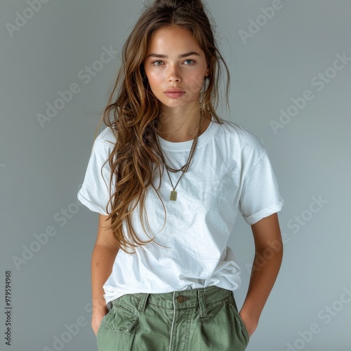 A beautiful standard female model is wearing an oversized white cotton t-shirt paired with olive green chinos that feature a slightly tapered fit, posing confidently with her A dynamic shot 