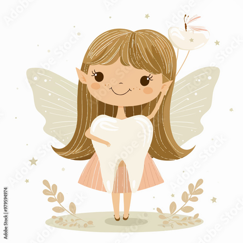 Tooth fairy in a caron and with a magic platter. The tooth fairy holds a cheerful tooth in her hands. Healthy teeth. Cute fairy tale character. Vector illustration.