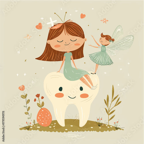Tooth fairy in a caron and with a magic platter. The tooth fairy holds a cheerful tooth in her hands. Healthy teeth. Cute fairy tale character. Vector illustration.