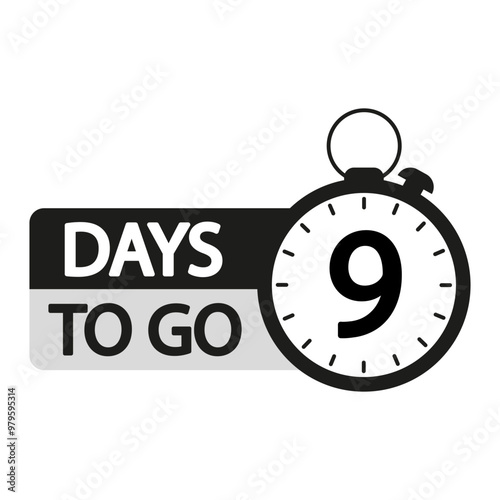Countdown timer illustration. Number nine focus. Bold 9 days to go text. Black and white vector.
