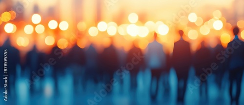 A vibrant city scene with blurred silhouettes of people against a backdrop of bright, glowing lights, capturing urban energy.