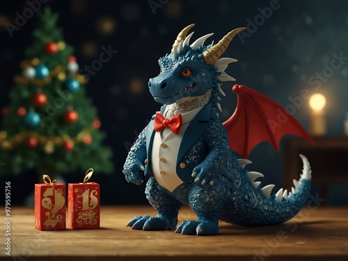 Deformed dragon in a tuxedo, New Year illustration