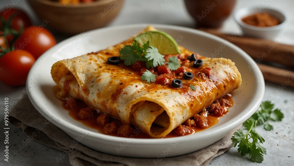 Delicious enchilada served with spices on a light backdrop Delicious enchilada served with spices on a light backdrop