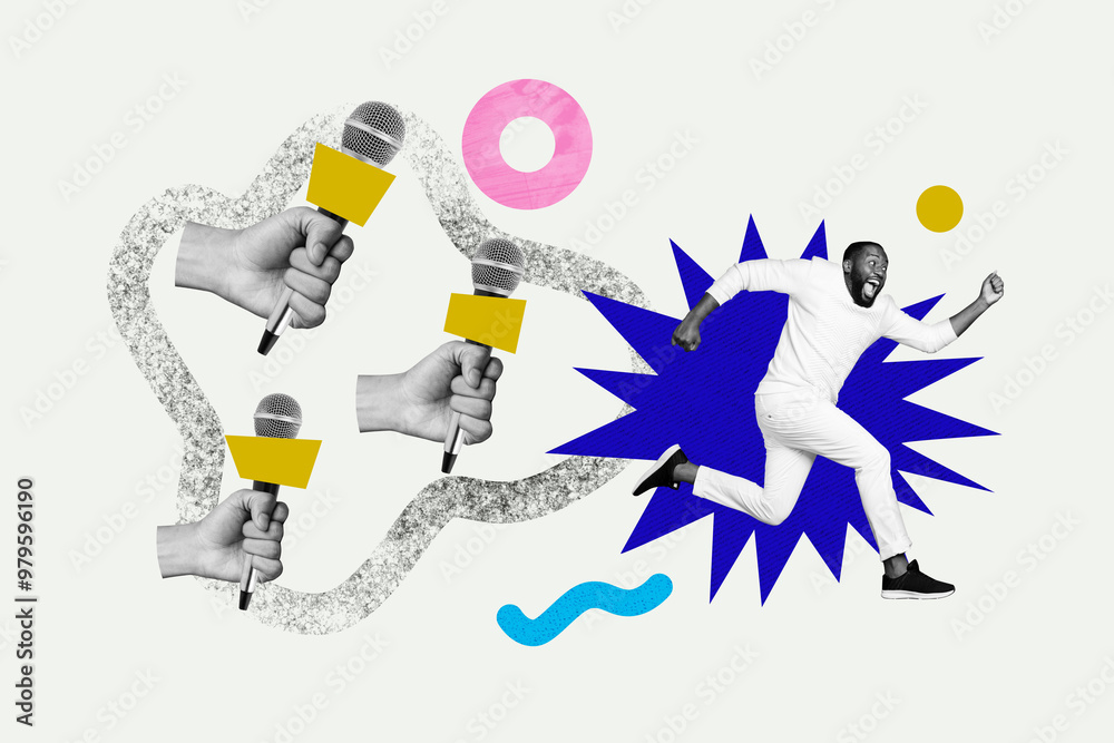 Composite photo collage of happy american man celebrity hands hold mic interview podcaster popular star isolated on painted background Composite photo collage of happy american man celebrity hands hold mic interview podcaster popular star isolated on painted background