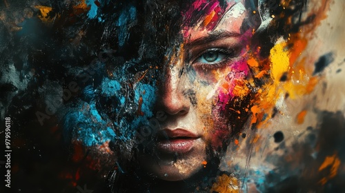 Intense abstract portrait in close-up, face dissolving into chaotic splashes of color, soft blur, dreamlike expression.