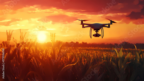 A drone flies over a field of crops at sunset. the drone is equipped with a camera and is being used to monitor the health of the crops. Drone. Illustration