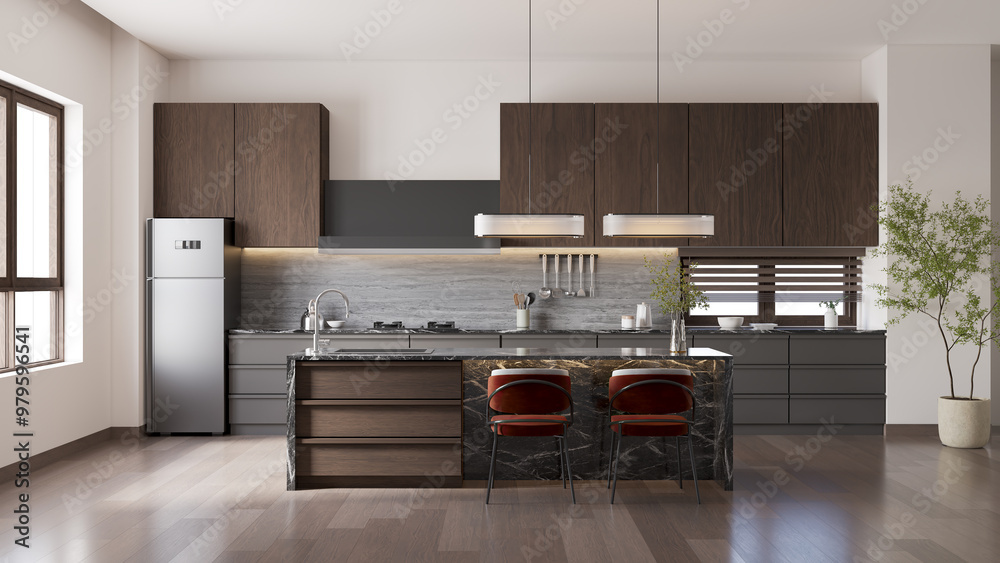 Modern luxury  kitchen room interior with marble dinning island table and contemporary chair with  black lamp and wood floor.3d render