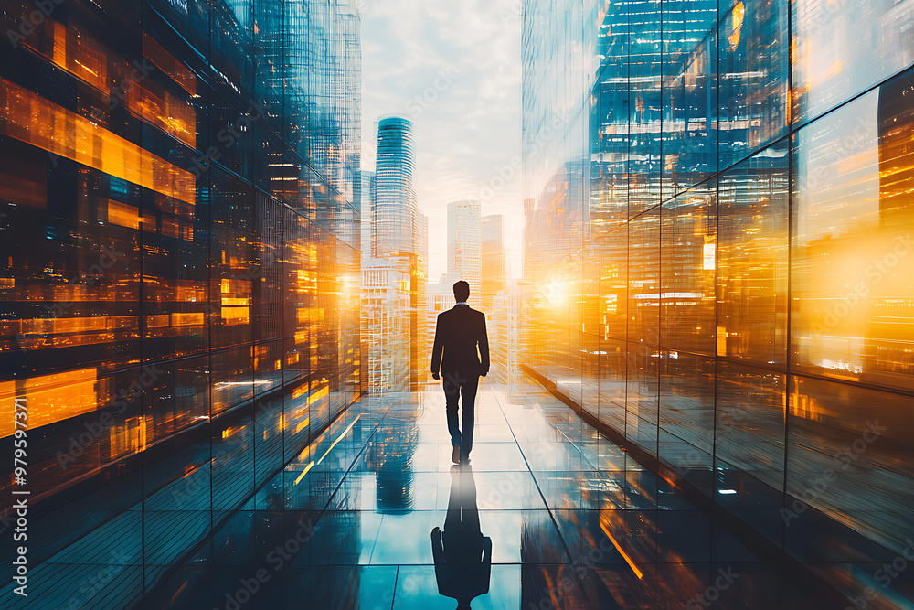 A silhouette of a businessman walking through a modern cityscape at sunset. A silhouette of a businessman walking through a modern cityscape at sunset.