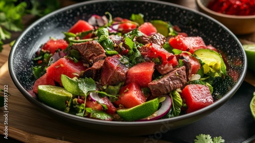 Exotic summer salad with beef, watermelon, and lime