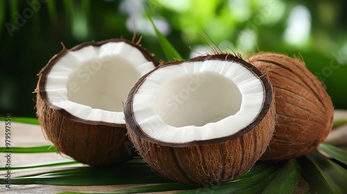 Two freshly opened coconuts resting on palm leaves