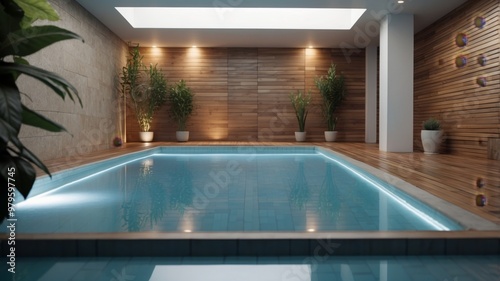 Modern indoor swimming pool with minimalist wooden accents