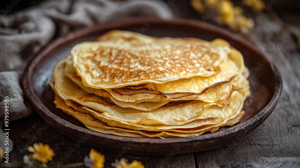 Stack of delicious homemade pancakes resting on rustic plate Stack of delicious homemade pancakes resting on rustic plate