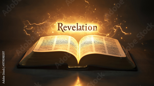Open bible with revelation text floating above glowing in magical religious light