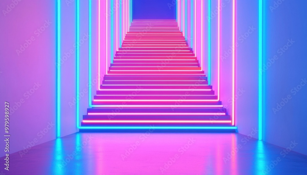 A vibrant corridor with luminous pink and blue lights illuminating a modern staircase, creating a futuristic atmosphere. A vibrant corridor with luminous pink and blue lights illuminating a modern staircase, creating a futuristic atmosphere.