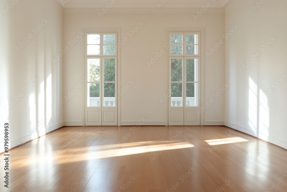 Bright and spacious empty room with wooden floor and large windows, ideal for interior design and renovation ideas. Bright and spacious empty room with wooden floor and large windows, ideal for interior design and renovation ideas.